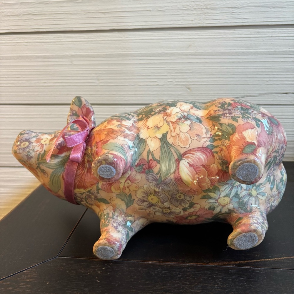 Floral Pig Decoupage Style Spring Colors Gloss Finish - Picture 6 of 8